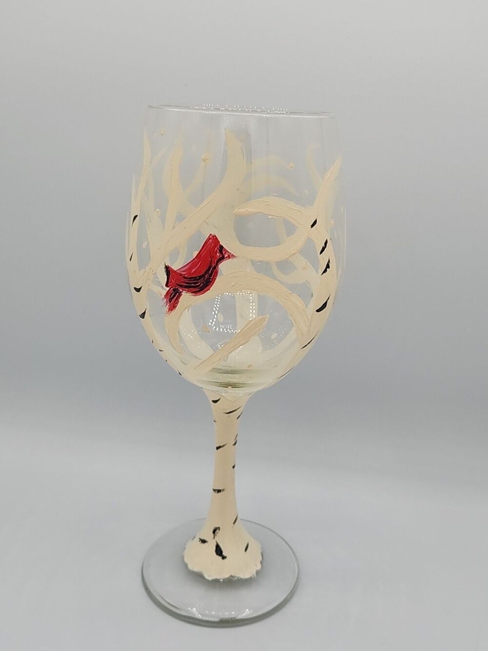 Hand Painted Wine Glasses - Birch Trees And Cardinal